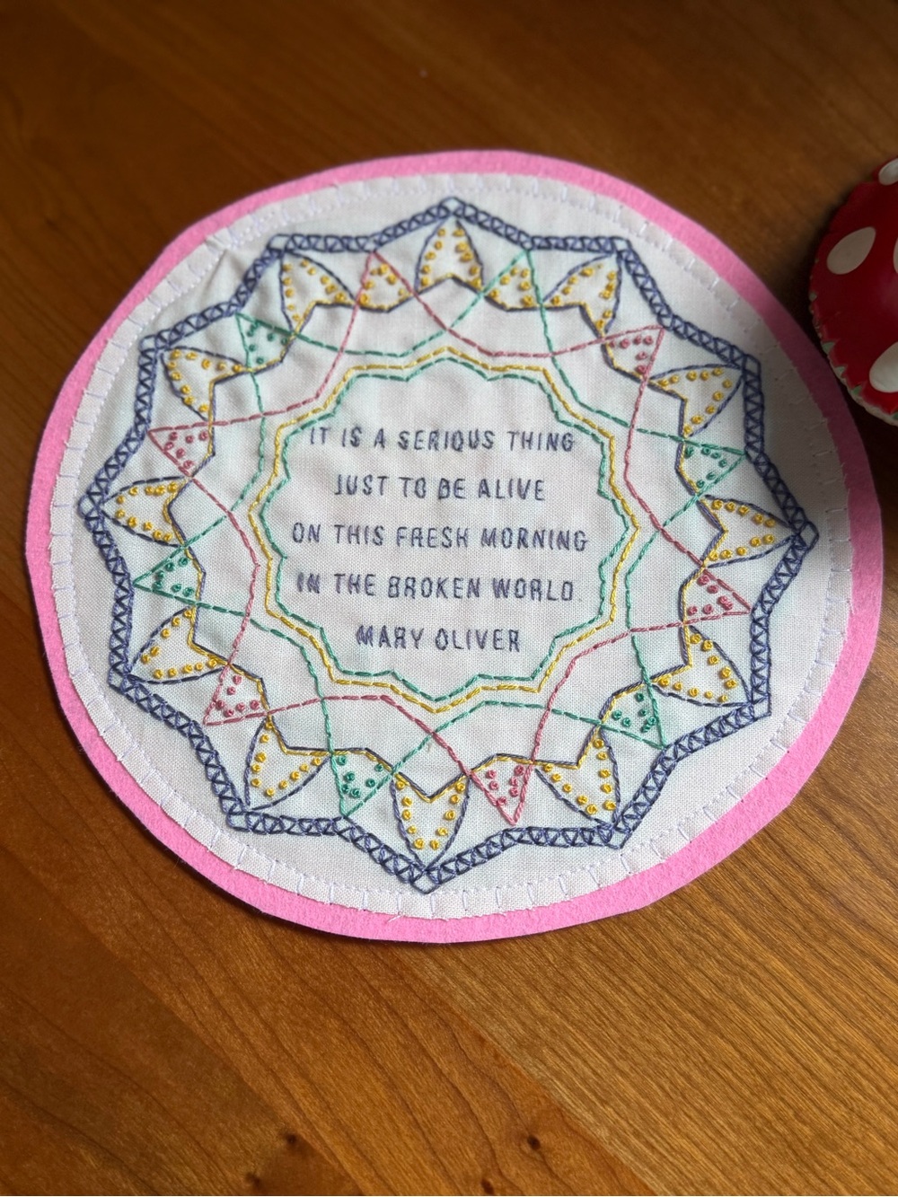Hand-Embroidered Pink and White Inspirational Coaster
